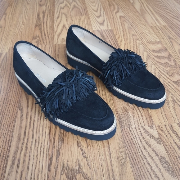 Ron White X Vibram "Skylar" Fringe Loafer Womens 37 Onyx Black Suede Italy - Picture 3 of 13